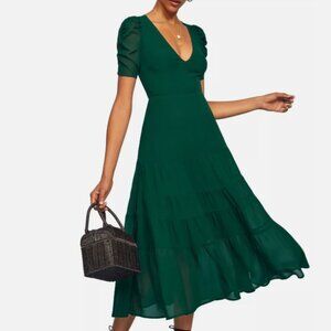 REFORMATION Emerald Green Cosa Ruched Sleeve Tiered Deep V-Neck Dress 8 US = M